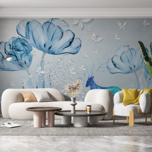 Tapeta za zid "Blue flowers with butterflies"